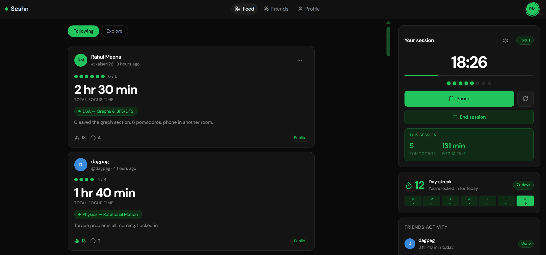 The Seshn feed on desktop — friends' posted focus sessions, with the live timer in the sidebar