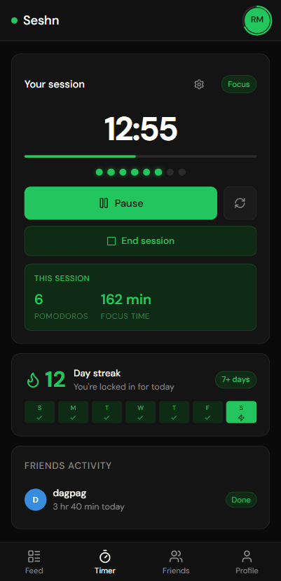The Seshn timer tab on a phone — Pomodoro countdown with streak and friends' activity below